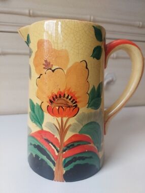 VTG Antique Bright yellow heavily crazed Pitcher made in Japan Dopamine